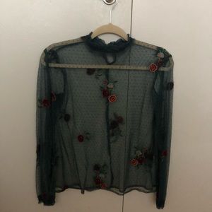 Zara- Teal, floral long sleeve high neck blouse